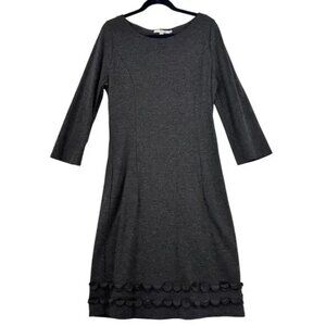 Boden Sheath Dress Size 12 Dark Gray Stretch Ponte Knit 3D Petal Detail Hem Midi